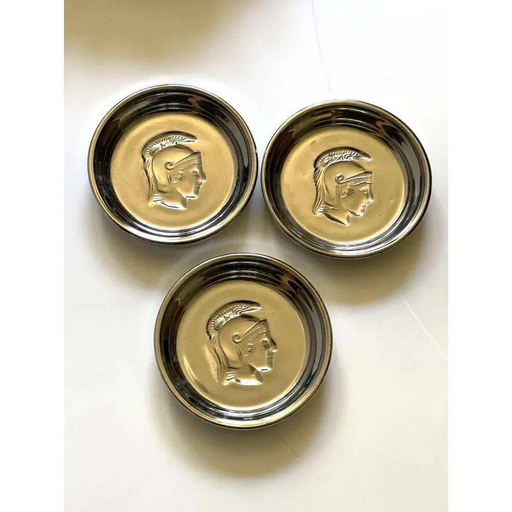 Vintage Mercury Glass Roman Soldier Coasters / Small Dish Set of 3 Gray Silver